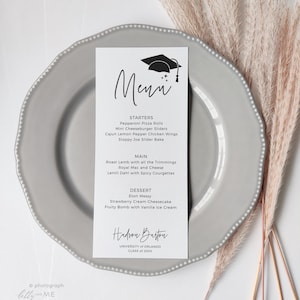 Graduation Party Menu Template, Graduation Party Table Decorations, Long Graduation Menus, Graduate Decor, Canva Templates | 88