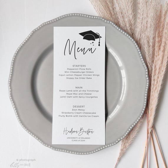 Graduation Party Menu Template, Graduation Party Table Decorations, Long Graduation Menus, Graduate Decor, Canva Templates | 88