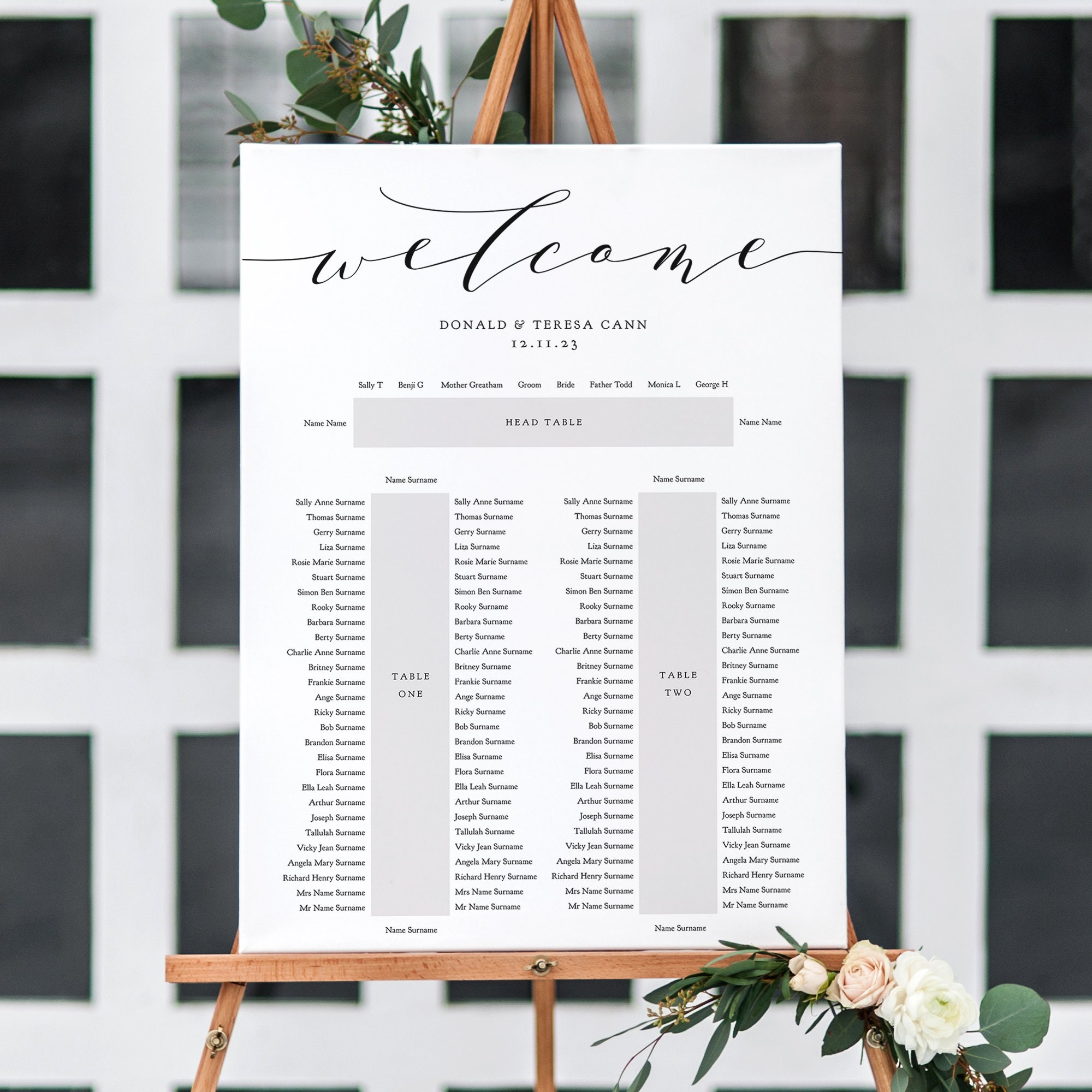 2 tables plus top table Seating Plan Template, 4 sizes, DIY Printable