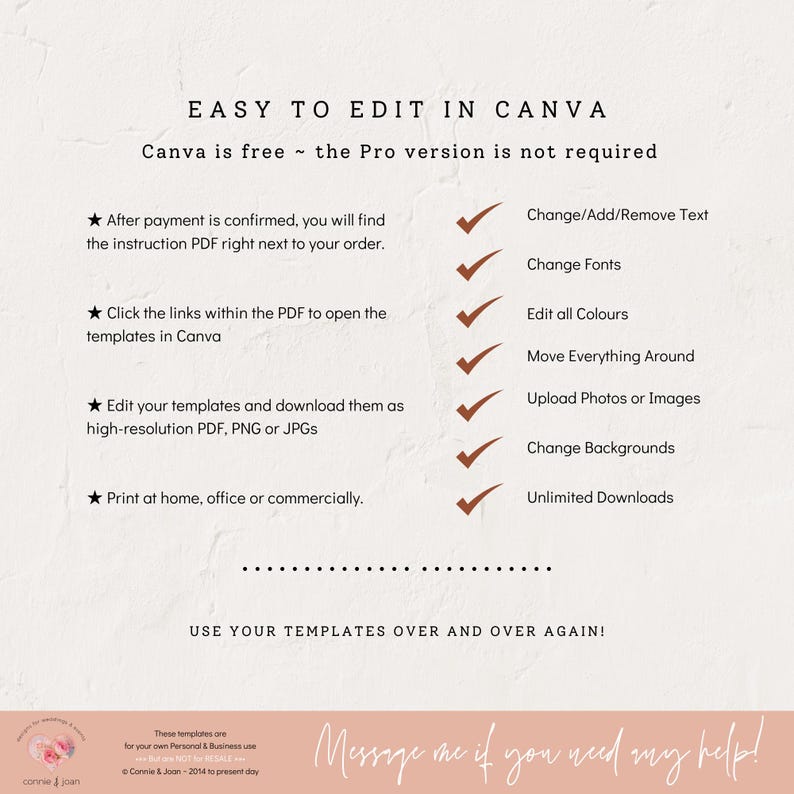 May include: A beige graphic with text that reads "EASY TO EDIT IN CANVA." Instructions include changing text, fonts, colors, and backgrounds. The Canva Pro version is not required. The bottom of the graphic says "Message me if you need my help!"