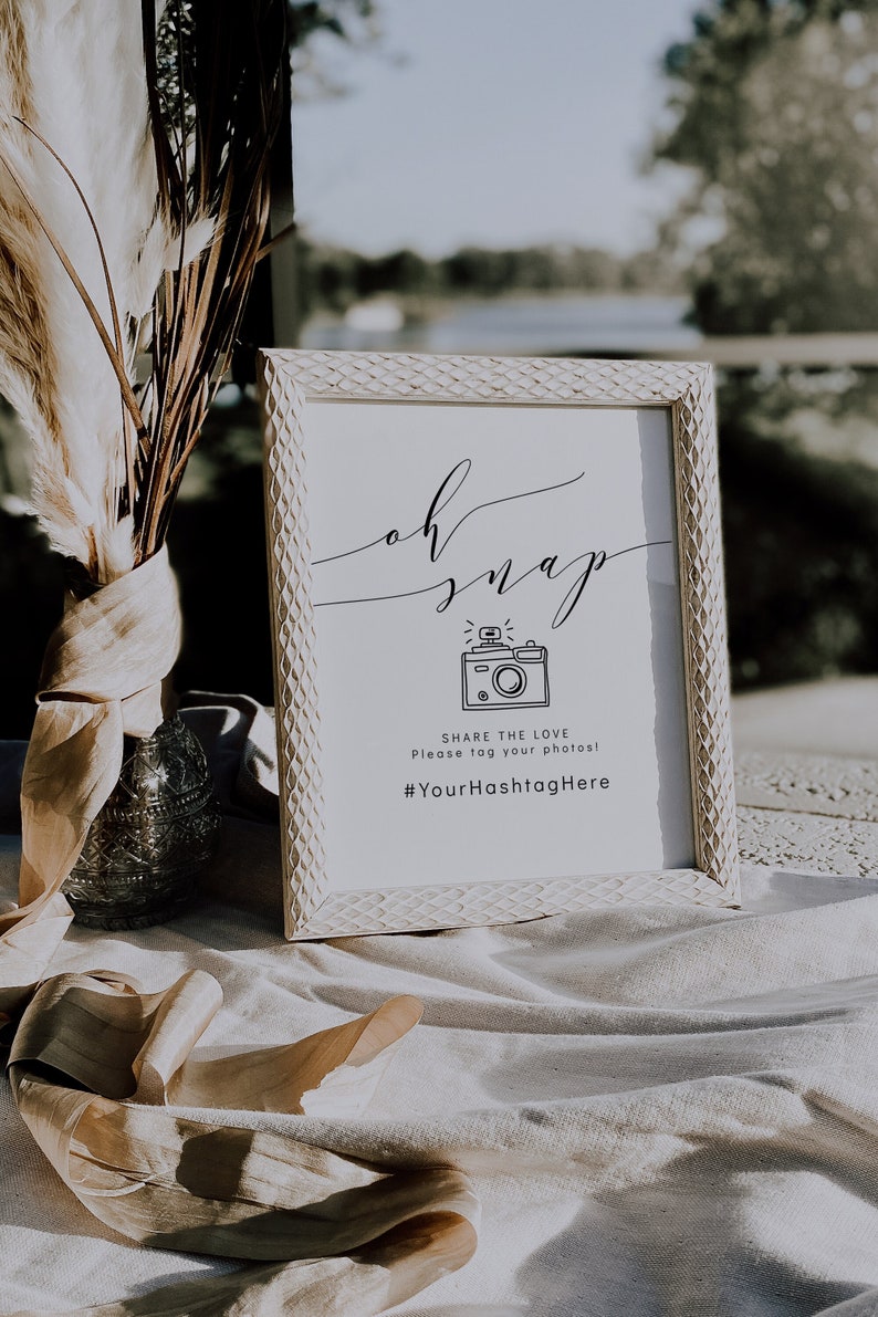 Oh Snap Hashtag Tag Your Photos Sign, Printable Hashtag Sign, 3 Sizes, Wedding Camera Sign, Corjl Template, FREE demo image 1