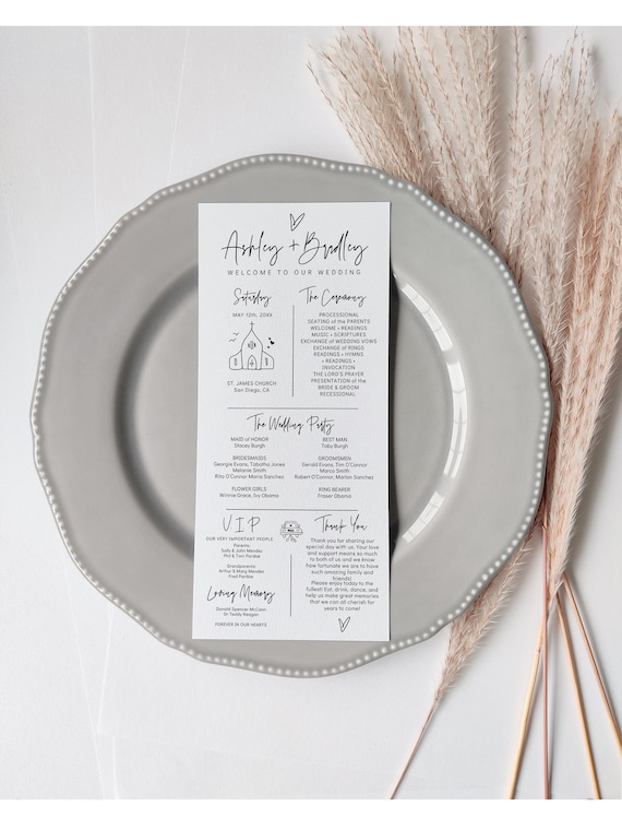 Narrow Wedding Program, Long Wedding Day Program, Infographic Program, Narrow Wedding Program Timeline, Canva Template | 88