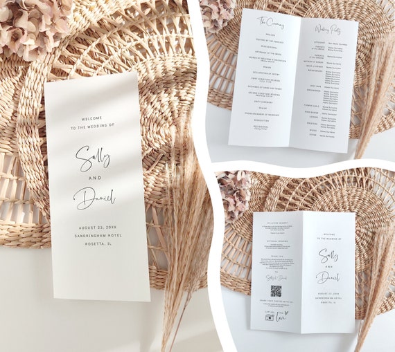 Wedding Program Template, Printable Folded Wedding Program, Bifold Order of Service, Minimalist Wedding, Corjl Templates, FREE Demo | 86