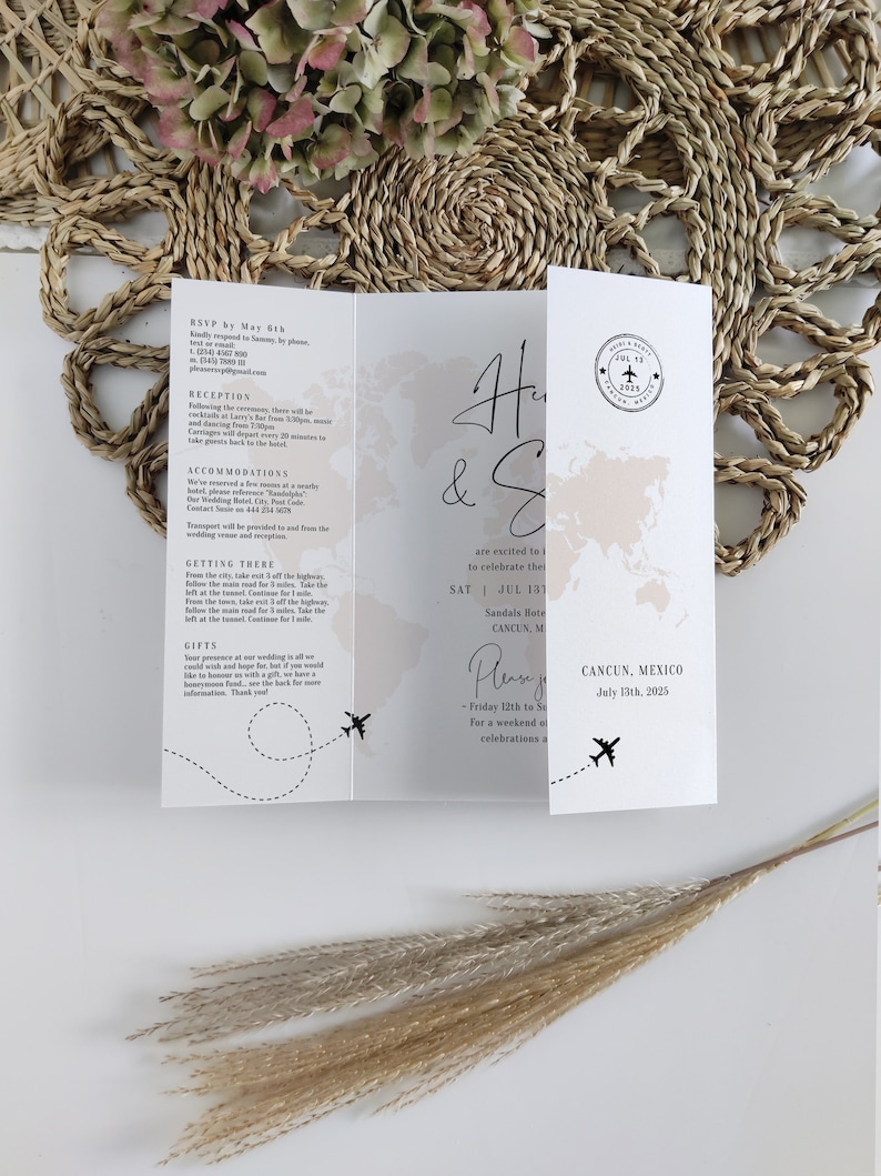May include: A wedding invitation with a world map background and a plane illustration. The invitation reads "H & S are excited to invite you to celebrate their wedding" and "July 13th, 2025, Cancun, Mexico".