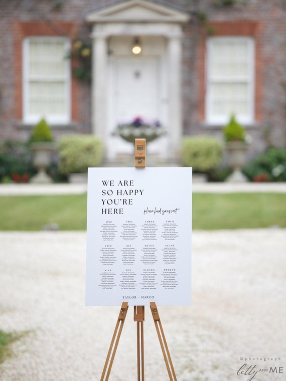 Minimalist Wedding Table Seating Plan Templates, So Happy You're Here, Wedding Seating Plan, Printable Seating Plans, Canva Templates | 90