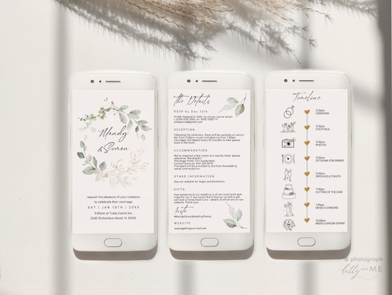 Greenery Electronic Wedding Invitation Set, Canva Templates, Evite, Electronic Wedding, Smartphone Invites, Canva Templates | 80G