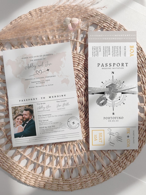 Boarding Pass and Passport Invitation Set, Flight Invitation Set, Passport Invitation, Travel Inspired Wedding, Canva Templates | 68