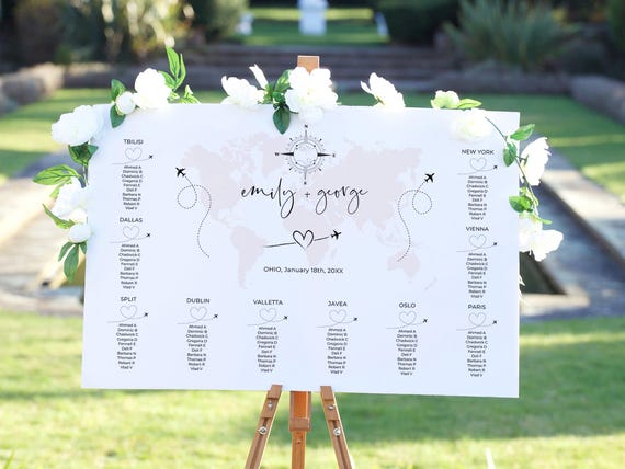 World Map Wedding Seating Plan, Templates for Destination Wedding Table Plan, World Seating Chart, Canva Templates | Destination World