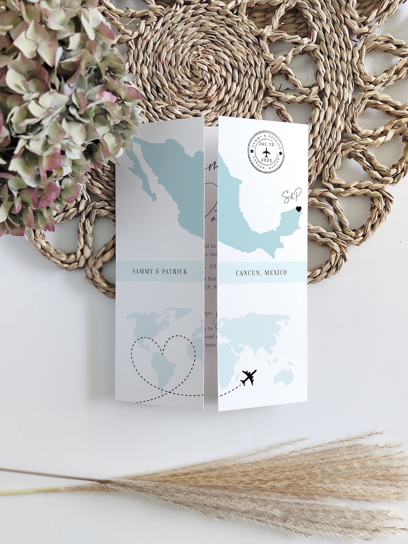 Destination - Mexico Wedding Invitations, Folded Gatefold Invitation Templates, Destination Wedding Invitations, Canva Templates image 2