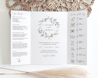 Folded Wedding Invitations, Templates for Greenery Gatefold Invitations, Printable Invitations, Canva Templates | 87