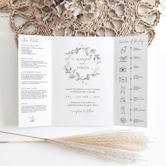 Folded Wedding Invitations, Templates for Greenery Gatefold Invitations, Printable Invitations, Canva Templates | 87
