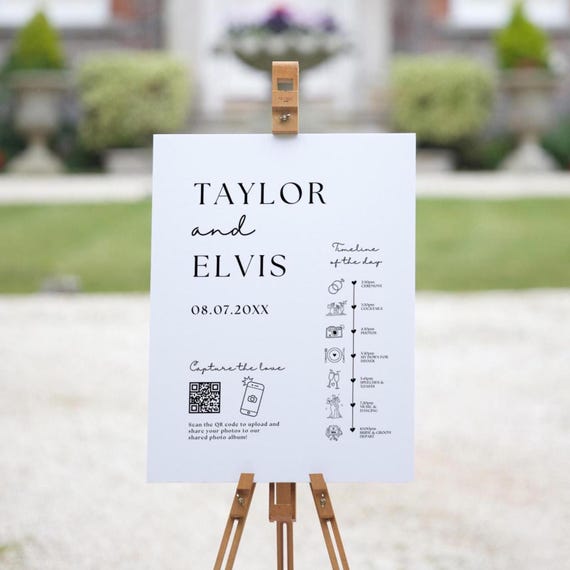 Canva Minimalist Timeline Welcome Sign, QR Code and Timeline Templates, Wedding Day Timeline, Canva Templates | 111W