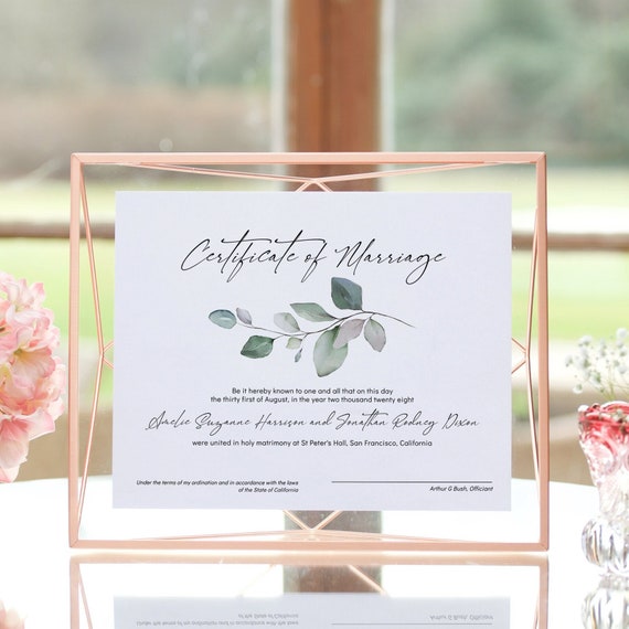 Certificate of Marriage, Greenery Certificate of Marriage Template, Printable Wedding Keepsake, Corjl Template, FREE Demo | 80G