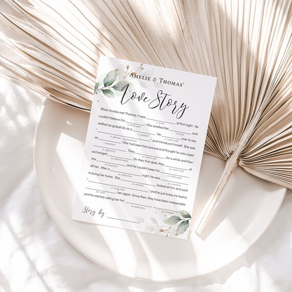 Leaf & Gold - Love Story Game, Printable Happy Couple's Love Story, Fill in the Blanks, Bridal Shower Game, Corjl Templates, FREE Demo