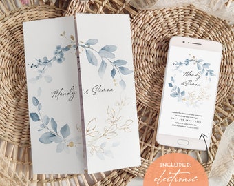 Dusty Blue Wedding Invitation Phone Set, Printable Gatefold Invitations with Electronic Save the Dates and Evites, Canva Templates | 80