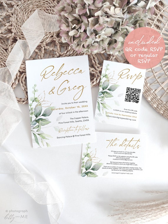 Greenery Wedding Invitation Set, with QR Code, Scan to RSVP, Greenery Invitation Template Set, Corjl Template, FREE Demo | 80G