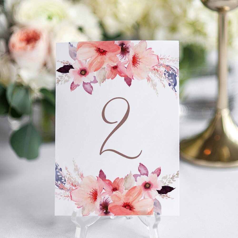 floral table number card printable template watercolour