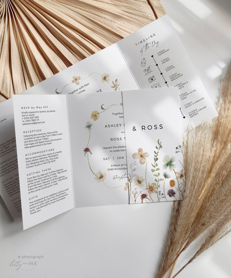 May include: A wedding invitation with a floral design. The invitation is for Ashley and Ross, and the wedding is on Saturday, January 1st at 2:00pm at 2340 Richardson. The invitation includes a timeline of the wedding day.