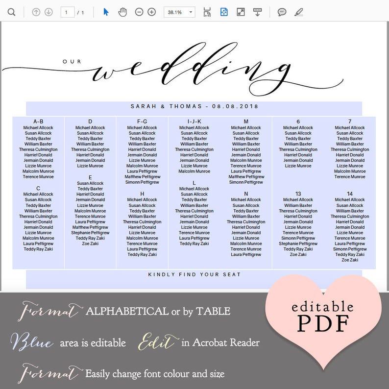 Wedding seating chart printable wedding seating chart poster Etsy