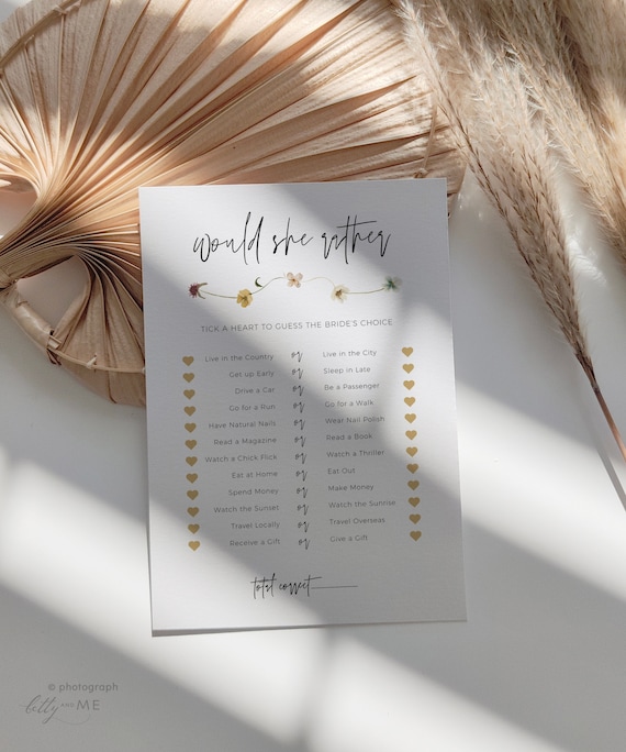 Would She Rather Bridal Shower Game, Flower Bridal Shower, Ideas for Bridal Showers, Guess the Brides Answers, Canva Template | 94