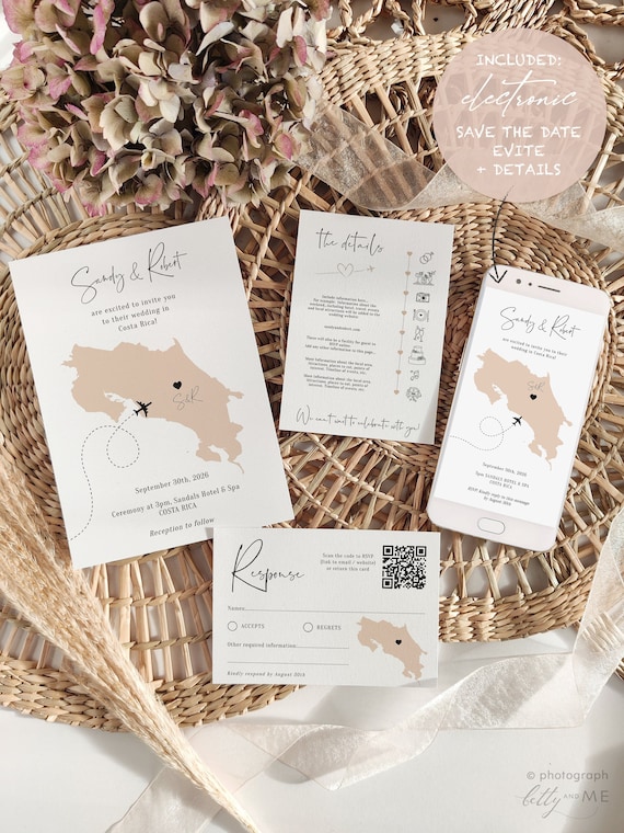 Destination - Costa Rica Wedding Invitation & Phone Set, Destination Wedding Invitations, Electronic Invite Set, Corjl Templates, FREE Demo