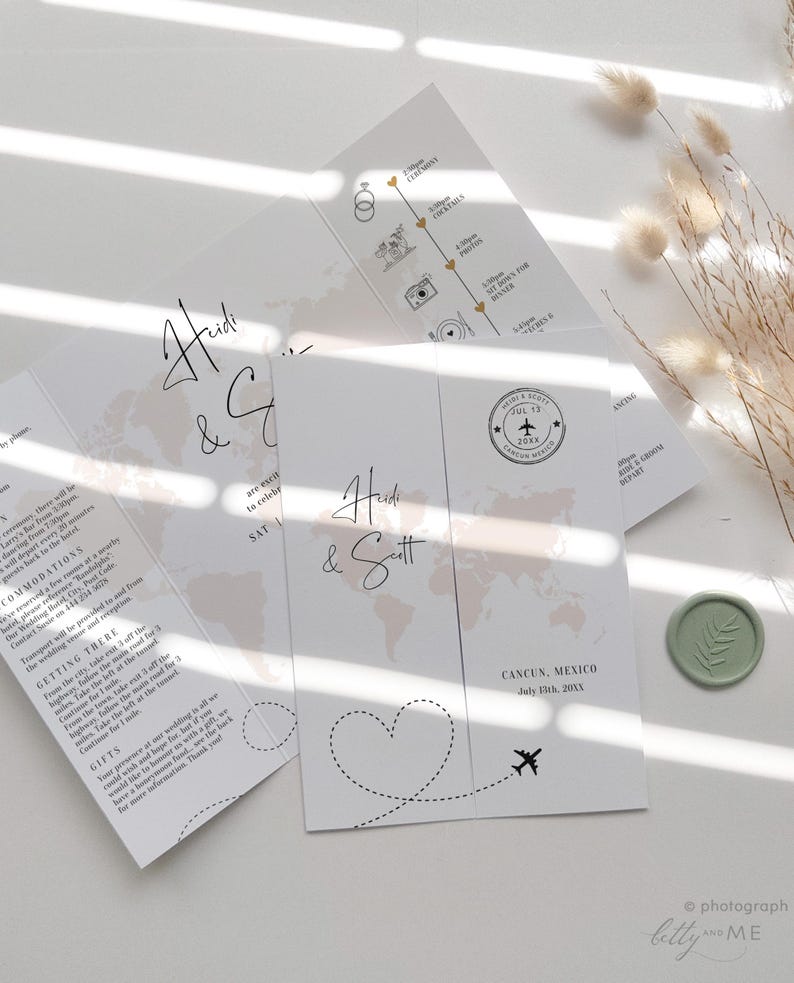 Destination - Wedding Invitations, Travel Inspired Folded Invitation Templates, Destination Wedding Invitations, Canva Templates image 9