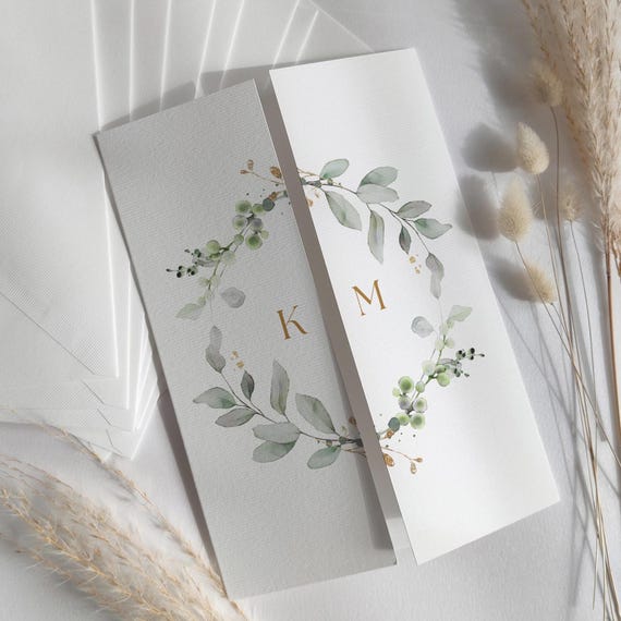 Eucalyptus Gatefold Wedding Invitations, Greenery Wreath Invites, Timeline and Information, Canva Template | 80G
