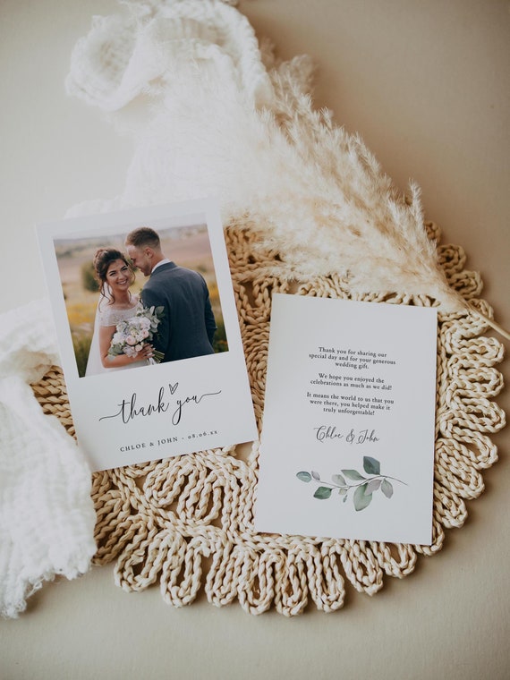 Wedding Photo Thank You Cards, Printable Thank You Card Template, Greenery Wedding Thank You Cards, Double Sided, Canva Templates | 80G