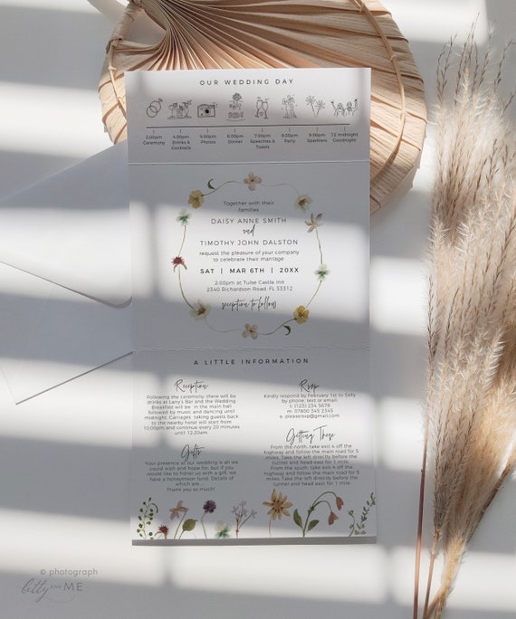 Trifold Wildflower Wedding Invitation Template, Wedding Invitations with Flowers, Folded Wedding Invitation, Canva Template | 94