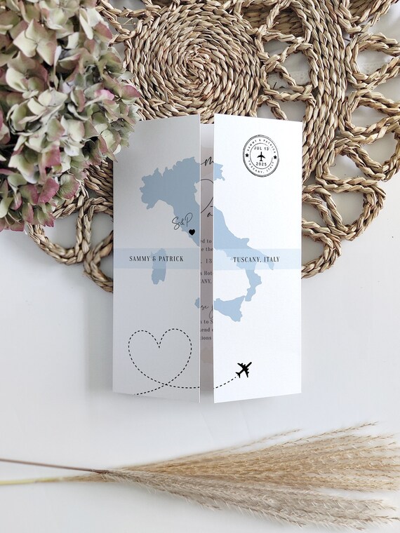 Destination - Italy Wedding Invitations, Folded Gatefold Invitation Templates, Destination Wedding Invitations, Corjl Templates, FREE Demo