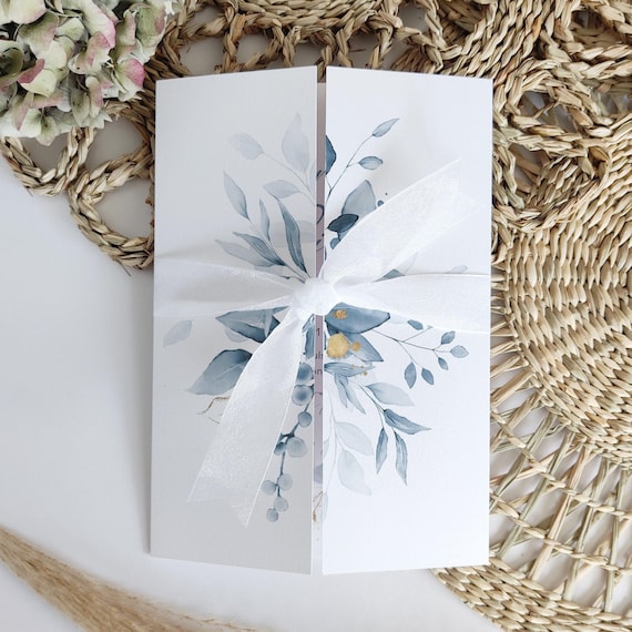 Dusty Blue Wedding Invitations, Templates for Gatefold Invitations, Dusty Blue Invitations, Canva Template | 80 Dusty Blue