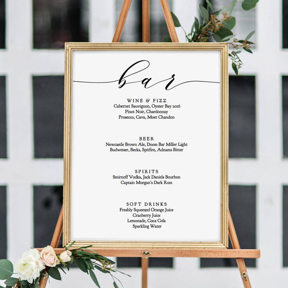 Bar Menu, Wedding Bar Signs, Printable Bar Menu Sign, 5x7, 8x10, 18x24 and  A2 sizes included Wedding, FREE Demo Corjl