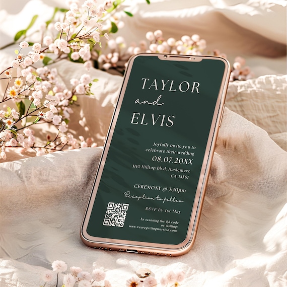 Dark Green Phone Invitations, Dark Green Wedding Theme, Electronic Green Invitations, Hunter Green, Forest Green, Canva Templates | 111DG