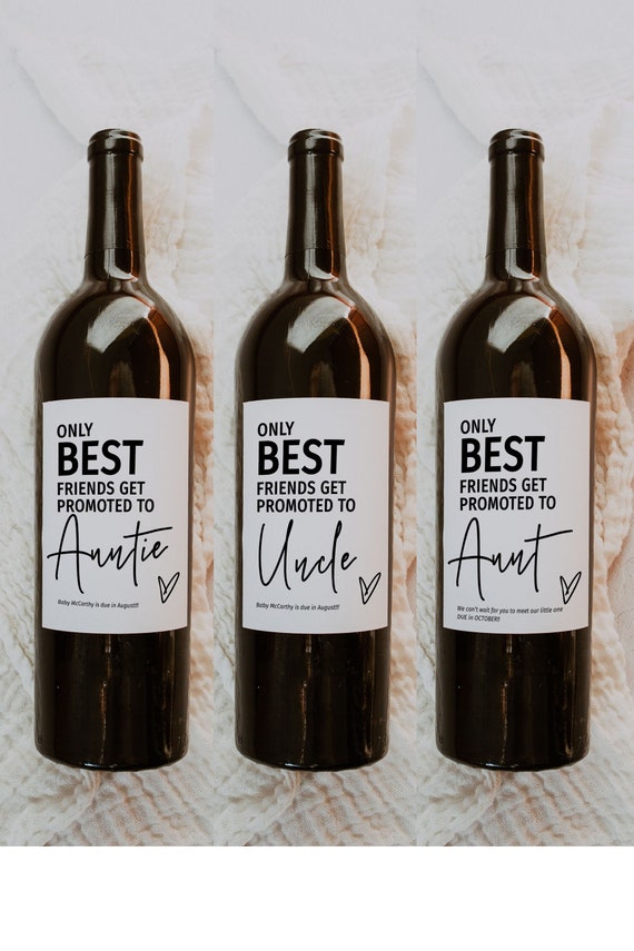 Only Best Friends get Promoted to Auntie, Canva Pregnancy Announcement Wine Label Template, Printable Labels, Canva Templates | 88