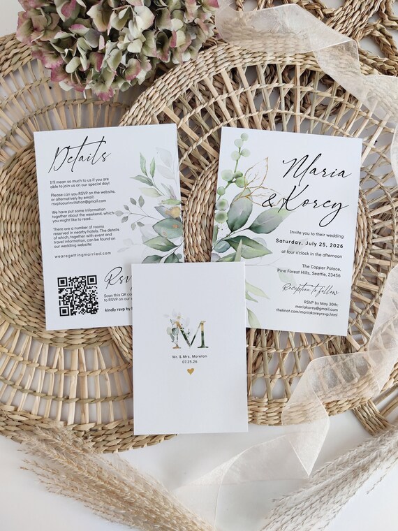 Greenery Wedding Invitations + Details Rsvp and Monogram backs, with QR Code, Scan to RSVP, Front / Back, Corjl Template, FREE Demo | 80G