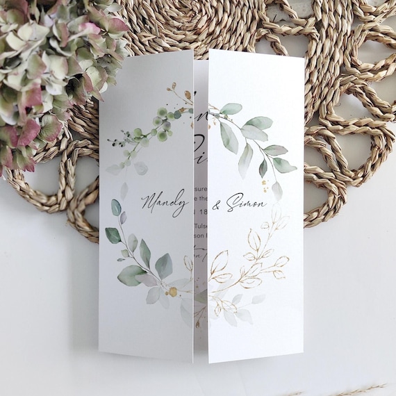 Folded Wedding Invitations, Templates for Greenery Gatefold Invitations, Leaf & Gold, Printable Invitations, Canva Template | 80G