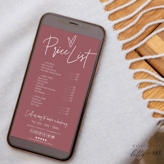 Electronic Price List Template, Minimalist Small Business Price List, Editable Prices, E Prices, Canva Template | 88