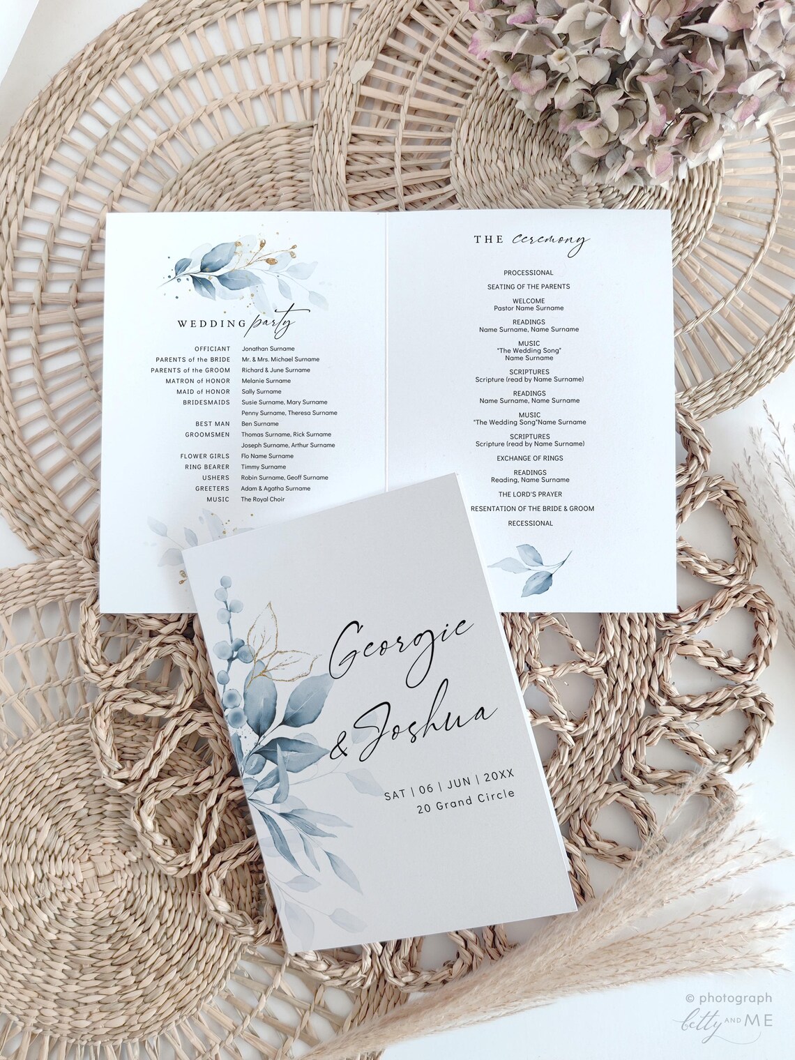 Dusty Blue Wedding Program, Printable Program Booklets, Printable Blue