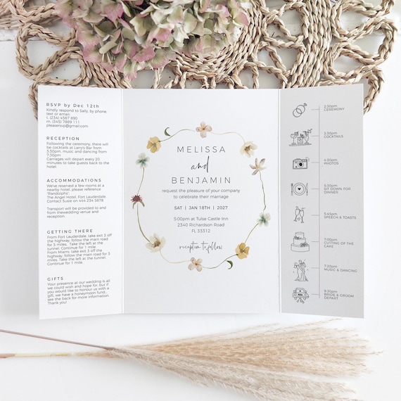 Wildflower Wedding Invitations, Printable Flower Invitation Templates, Floral Wedding Invites, Gatefold, CanvaTemplate | 94