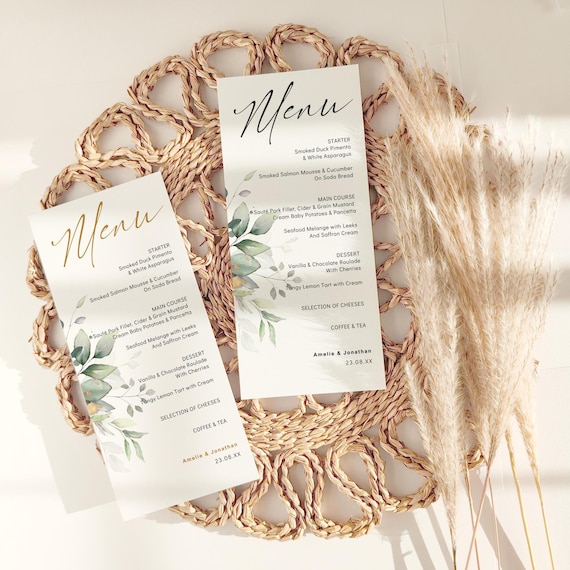 Wedding Menu Cards, Menu Template Download, Wedding Menu Template, 5 Sizes, Printable Wedding Menus, Canva Templates | 80G