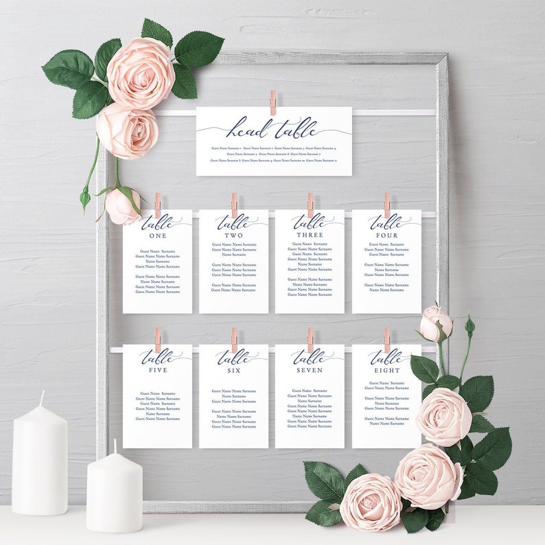 Corjl Templates Make your own Navy Blue Seating Plan Cards FREE demo Sweetheart Table Seating Card Templates LucyNavy