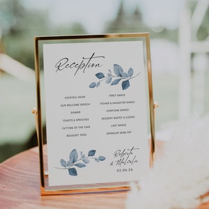 Dusty Blue receptieprogramma, afdrukbare DIY-bruiloftsreceptiekaarten, blauw bruiloftsthema, Corjl-sjabloon, GRATIS demo | 80 Stoffig blauw