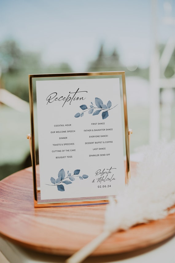 Dusty Blue Reception Program, Printable DIY Wedding Reception Cards, Blue Wedding Theme, Corjl Template, FREE Demo | 80 Dusty Blue