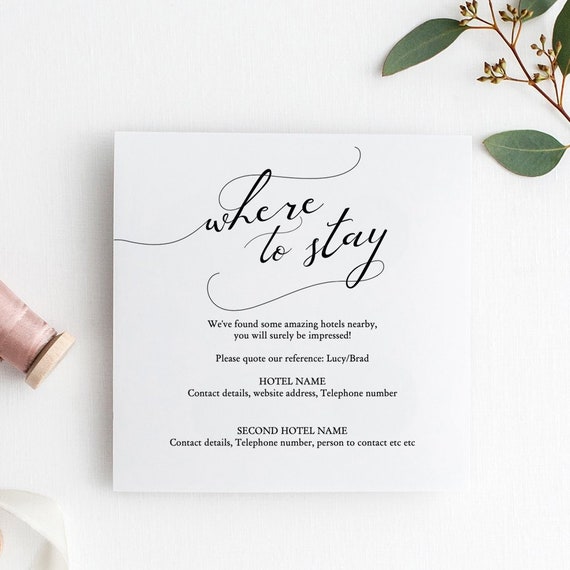 Lucy - Where to Stay Accommodations Card, Printable Accommodation cards, DIY Wedding, Corjl Template, FREE Demo