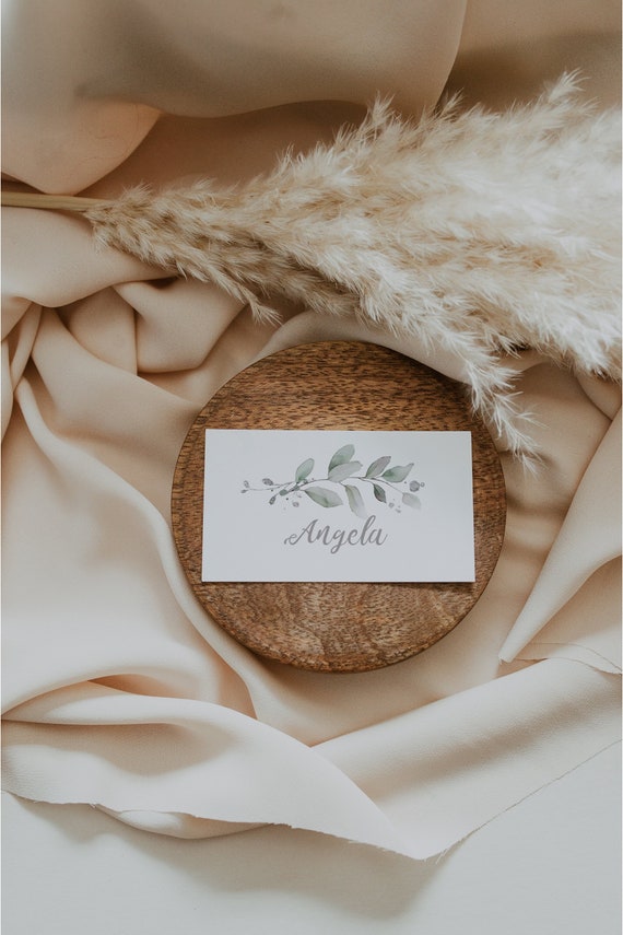 Silver & Leaf - Flat and Folded Name Place Card Templates, 3.5x2", Printable Greenery Name Cards, Corjl Templates, FREE Demo | 87