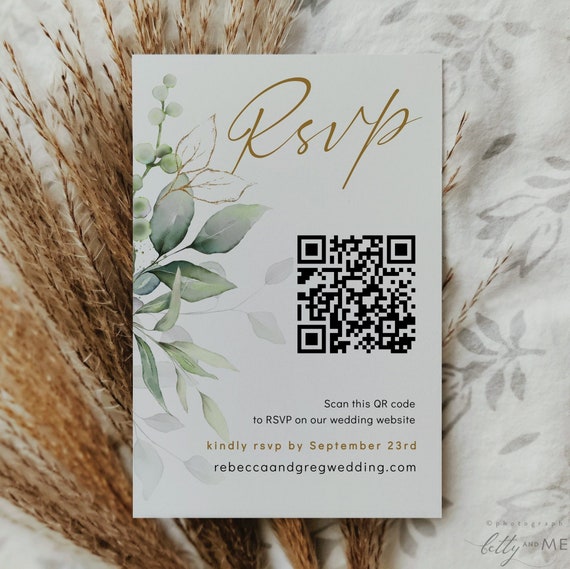 Greenery Rsvp Card with QR Code, Wedding Rsvp QR Code, Scan to Rsvp Online, Printable Cards in 3 Sizes, Corjl Template, FREE Demo | 80G