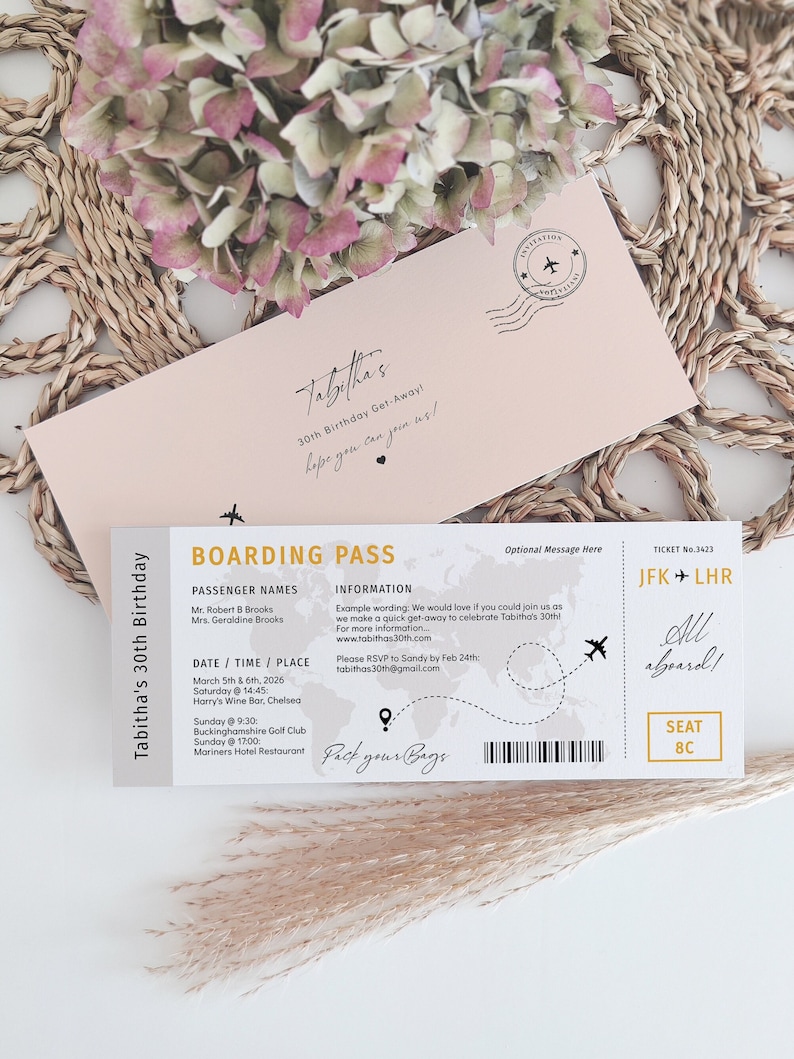 Birthday Party Boarding Pass Invitation, Printable Flight Ticket Invite, Easy to Edit & Print, Canva Templates Destination World image 1