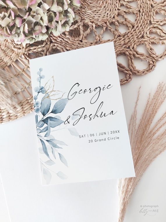 Dusty Blue Folded Wedding Program Booklets, Printable Blue Wedding Order of Service Booklets, Canva Templates | 80