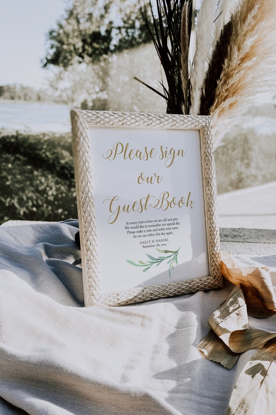 Please sign our guest book and leave a message, printable guest book sign, 3 Sizes, Greenery Wedding Signage, Corjl Template, FREE Demo