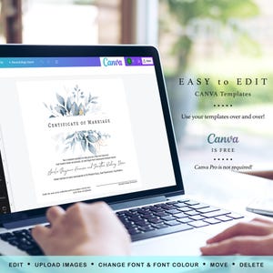 May include: A digital screen displaying a blue and gold watercolor wedding certificate template on Canva. The text on the screen reads "Certificate of Marriage" and includes the names "Chele Bazaar Herren and Justin Biking Dan". The text "EASY to EDIT CANVA Templates" is displayed above the screen. The text "Canva IS FREE Canva Pro is not required!" is displayed below the screen.